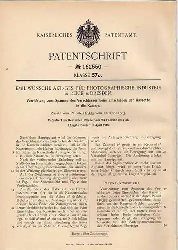 Original Patentschrift - Photographische Industrie AG in Reick b. Dresden , 1904 , Verschluss für Kamera !!!