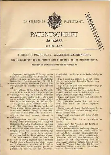 Original Patentschrift - R. Commichau in Magdeburg - Sudenburg , 1903 , Saatleitung für Drillmaschine , Drille !!!