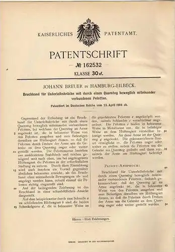 Original Patentschrift - J. Breuer in Hamburg - Eilbeck , 1904 , Bruchband für Unterleibsbrüche , Arzt , Chirurg !!!