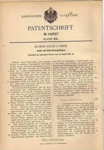 Original Patentschrift - E. Alcaz in Paris , 1904 , Reklame , Werbung , Leuchtschild , Hotel !!!