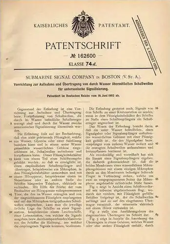 Original Patentschrift - Submarine Signal Comp. in Boston , 1902 , Signalaufnahme von Schallwellen , Echolot !!!