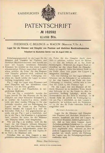 Original Patentschrift - F. Billings in Macon , USA , 1904 , Hammer für Piano , Pianino , Klavier !!!