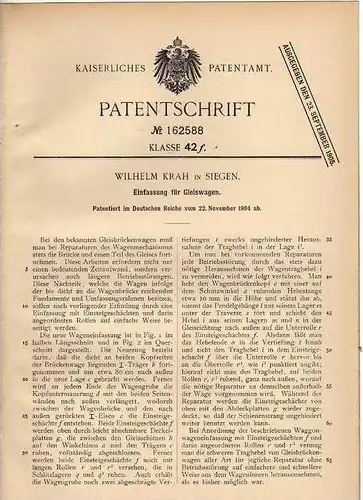 Original Patentschrift - W. Krah in Siegen , 1904 , Gleiswagen , Gleisbrückenwagen , Gleis , Eisenbahn !!!