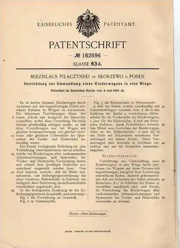 Original Patentschrift - M. Pilaczynski in Skorzewo b. Posen , 1904 , Umwandlung von Kinderwagen in Wiege !!!