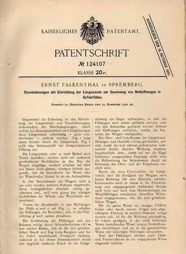 Original Patentschrift - E. Falkenthal in Spremberg , 1900 , Eisenbahnwagen mit Notöffnungen , Eisenbahn !!!