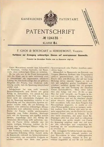 Original Patentschrift - Gros & Bourcart in Remiremont , Vogesen , 1898 , Erzeugung von Seidenglanz auf Baumwolle !!!