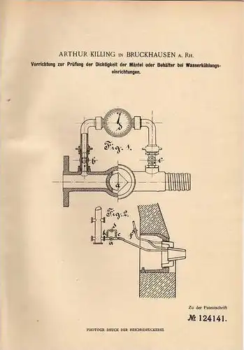Original Patentschrift - A. Killing in Bruckhausen a.Rh., 1900 , Prüfgerät für Wasserkühlung !!!