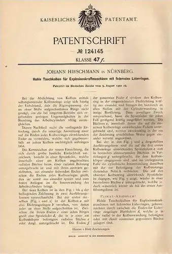 Original Patentschrift - J. Hirschmann in Nürnberg , 1900 , Tauchkolben für Motor !!!