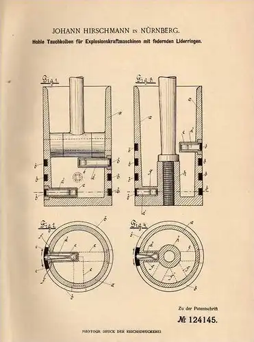 Original Patentschrift - J. Hirschmann in Nürnberg , 1900 , Tauchkolben für Motor !!!