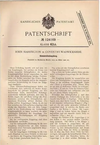 Original Patentschrift - J. Harrington in Coventry - Warwickshire , 1900 , Klemmrollenkupplung !!!