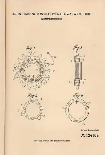 Original Patentschrift - J. Harrington in Coventry - Warwickshire , 1900 , Klemmrollenkupplung !!!