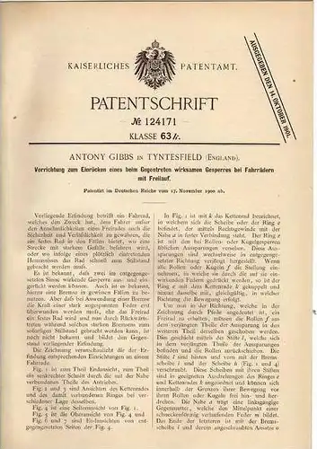 Original Patentschrift - A. Gibbs in Tyntesfield , 1900 , Freilauf mit Sperre für Fahrräder , Fahrrad , Wraxall !!!