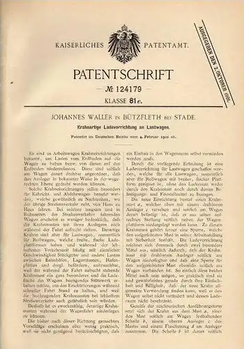 Original Patentschrift - J. Waller in Bützfleth b. Stade , 1900 , Kran für Lastwagen !!!
