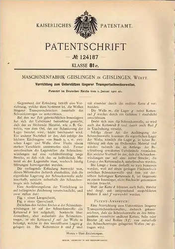 Original Patentschrift - Maschinenfabrik in Geislingen , 1901 , Transportschnecken !!!