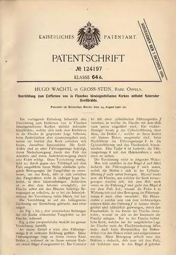 Original Patentschrift - H. Wachtl in Gross Stein , Bez. Oppeln , 1900 , Greifer für Kronkorken , Flaschen !!!