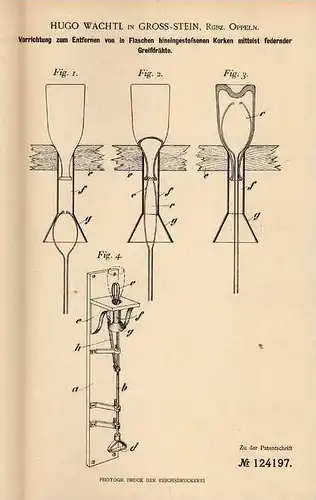 Original Patentschrift - H. Wachtl in Gross Stein , Bez. Oppeln , 1900 , Greifer für Kronkorken , Flaschen !!!