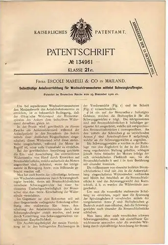 Original Patentschrift - Fa. E. Marelli & Co in Mailand , 1900 , Anlasser für Wechselstrommotoren !!!