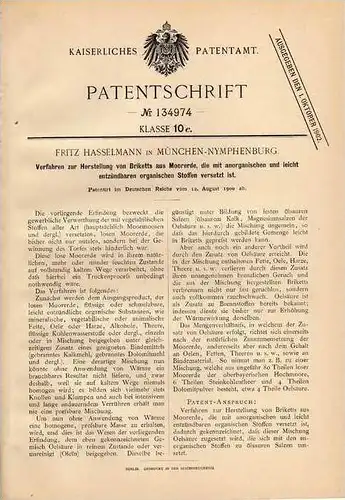 Original Patentschrift - F. Hasselmann in München - Nymphenburg , 1900 , Briketts aus Moorerde , Brikett , Kohle !!!