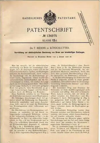 Original Patentschrift - Dr. F. Mehns in Königslutter , 1902 , elektrolytische Gewinnung von Brom !!!