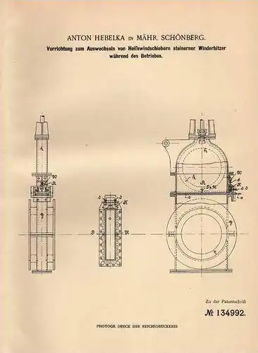 Original Patentschrift - A. Hebelka in Mährisch Schönberg / Sumperk , 1901 , Winderhitzer , Windleitung !!!