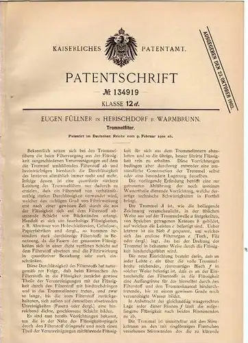 Original Patentschrift - E. Füllner Herischdorf b. Warmbrunn , 1902 , Trommelfilter , Filter !!!