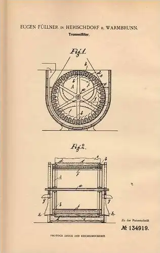 Original Patentschrift - E. Füllner Herischdorf b. Warmbrunn , 1902 , Trommelfilter , Filter !!!