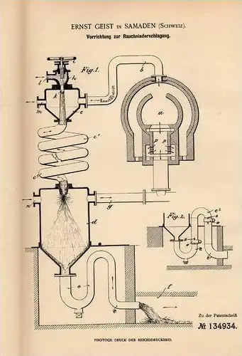 Original Patentschrift - E. Geist in Samaden / Samedan , 1900 , Apparat zur Rauchniederschlagung !!!