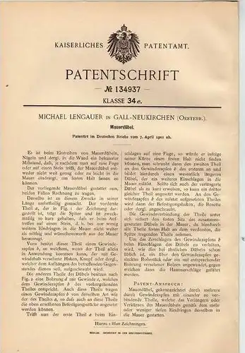 Original Patentschrift - M. Lengauer in Gall - Neukirchen , 1901 , Mauerdübel , Dübel , Gallneukirchen !!!