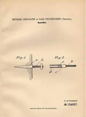 Original Patentschrift - M. Lengauer in Gall - Neukirchen , 1901 , Mauerdübel , Dübel , Gallneukirchen !!!