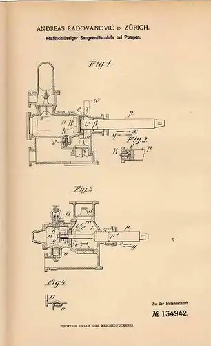 Original Patentschrift - A. Radovanovic in Zürich , 1901 , Saugventilschluß für Pumpen , Hydraulikpumpen !!!