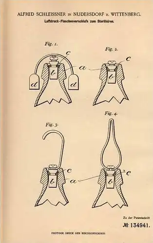 Original Patentschrift - A. Schleissner in Nudersdorf b. Wittenberg , 1901 , Luftdruck - Flaschenverschluß !!!