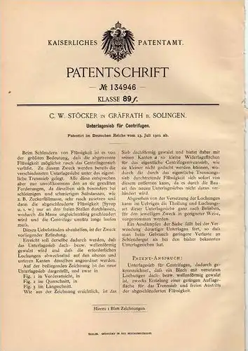 Original Patentschrift - C.W. Stöcker in Gräfrath b. Solingen , 1901 , Sieb für Centrifugen , Schleuder für Sirup !!!