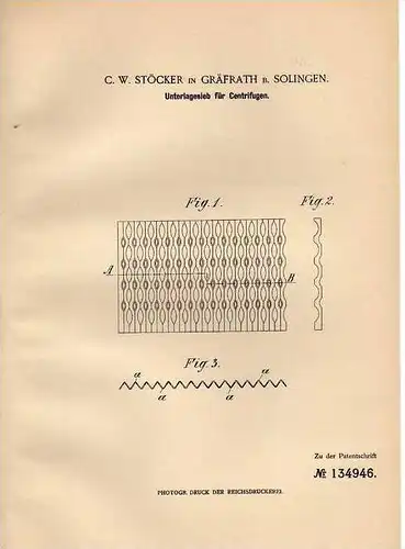Original Patentschrift - C.W. Stöcker in Gräfrath b. Solingen , 1901 , Sieb für Centrifugen , Schleuder für Sirup !!!