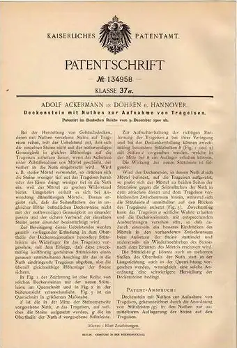 Original Patentschrift - A. Ackermann in Döhren b. Hannover , 1900 , Deckenstein mit Nuthen für Trageisen !!!