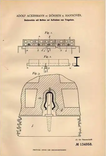 Original Patentschrift - A. Ackermann in Döhren b. Hannover , 1900 , Deckenstein mit Nuthen für Trageisen !!!