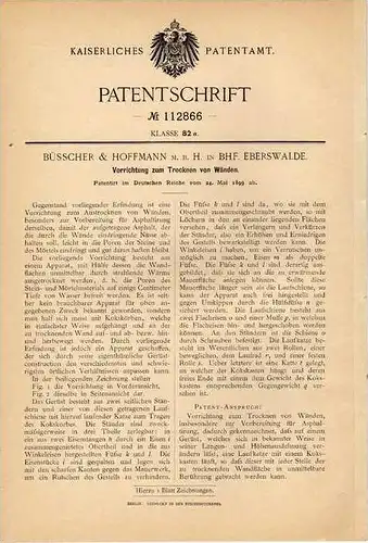 Original Patentschrift - Büsscher & Hoffmann in Bhf. Eberswalde , 1899 , Trockenvorrichtung für Wände !!!