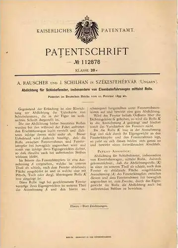 Original Patentschrift - A. Rauscher in Székesfehérvár , Ungarn , 1899 , Eisenbahn - Schiebefenster !!!