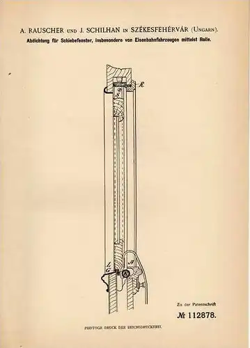 Original Patentschrift - A. Rauscher in Székesfehérvár , Ungarn , 1899 , Eisenbahn - Schiebefenster !!!