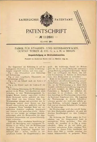 Original Patentschrift - Fabrik für Kleinbahnwagen in Berlin , 1899 , Weichen für Straßenbahn , Kleinbahn !!!