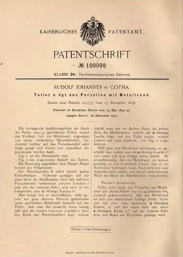 Original Patentschrift - R. Johannes in Gotha , 1899 , Teller aus Porcellan mit Metallrnd , Porzellan , Porcellain !!!