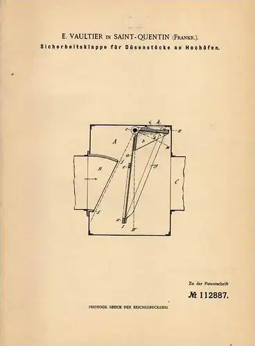 Original Patentschrift - E. Vaultier in Saint Quentin , 1899 , Düsenstöcke an Hochöfen , Hochofen !!!