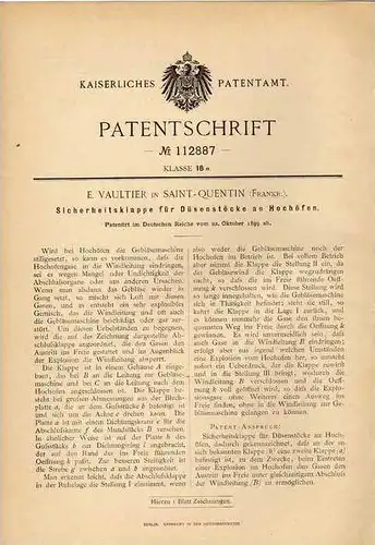 Original Patentschrift - E. Vaultier in Saint Quentin , 1899 , Düsenstöcke an Hochöfen , Hochofen !!!