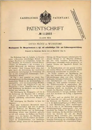 Original Patentschrift - O. Plötz in Wunstorf , 1899 , Mischapparat für Margarine , Butter !!!