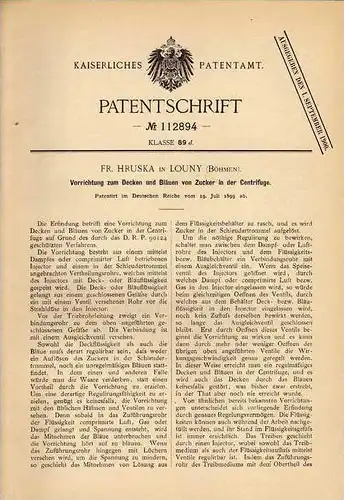 Original Patentschrift - F. Hruska in Louny , Böhmen , 1899 , Cenrifuge für Zucker , Zuckrfabrik !!!