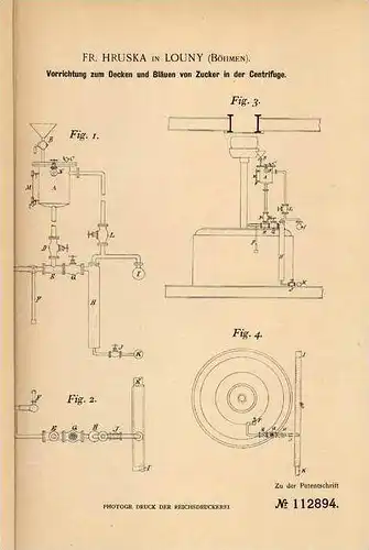 Original Patentschrift - F. Hruska in Louny , Böhmen , 1899 , Cenrifuge für Zucker , Zuckrfabrik !!!