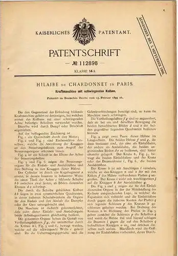 Original Patentschrift - H. de Chardonnet in Paris , 1899 , Motor mit schwingenden Kolben , Kraftmaschine !!!