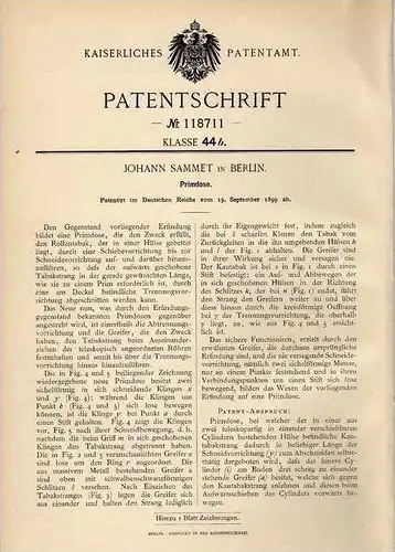 Original Patentschrift - J. Sammet in Berlin , 1899 , Primdose , Tabakdose , Prim , Tabak!!!