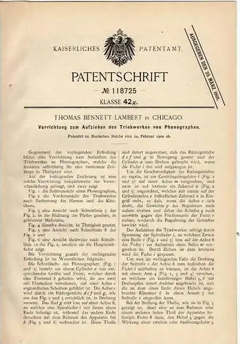 Original Patentschrift - T. Lambert in Chicago , 1900 , Phonograph , Telephon !!!