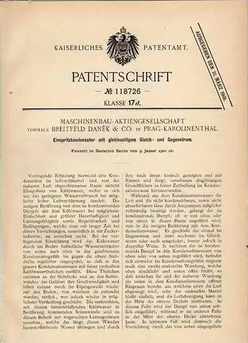Original Patentschrift - Danek & Co in Prag - Karolinenthal , 1900 , Einspritzkondensator , Kondensator !!!