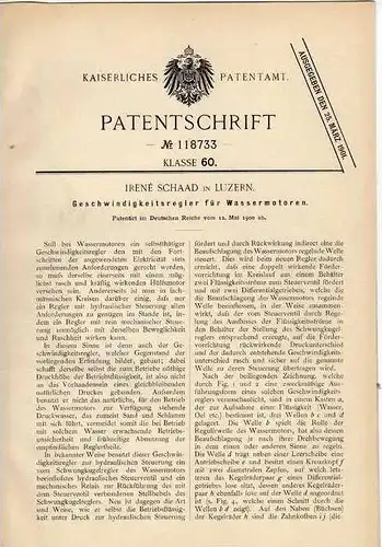 Original Patentschrift - I. Schaad in Luzern , 1900 , Wassermotor , Geschwindigkeitsregler !!!